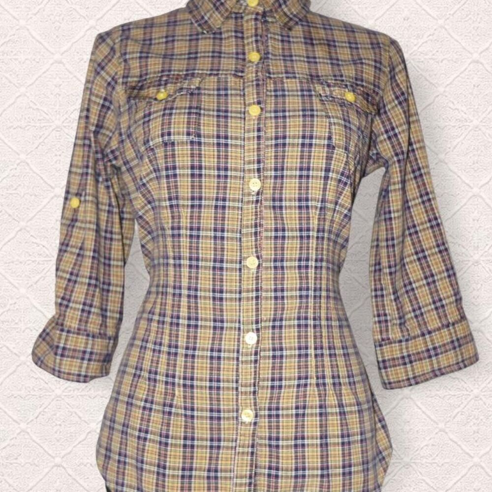 Y2K Cotton Plaid Button Up 3/4 Sleeves and Tie Back Detail